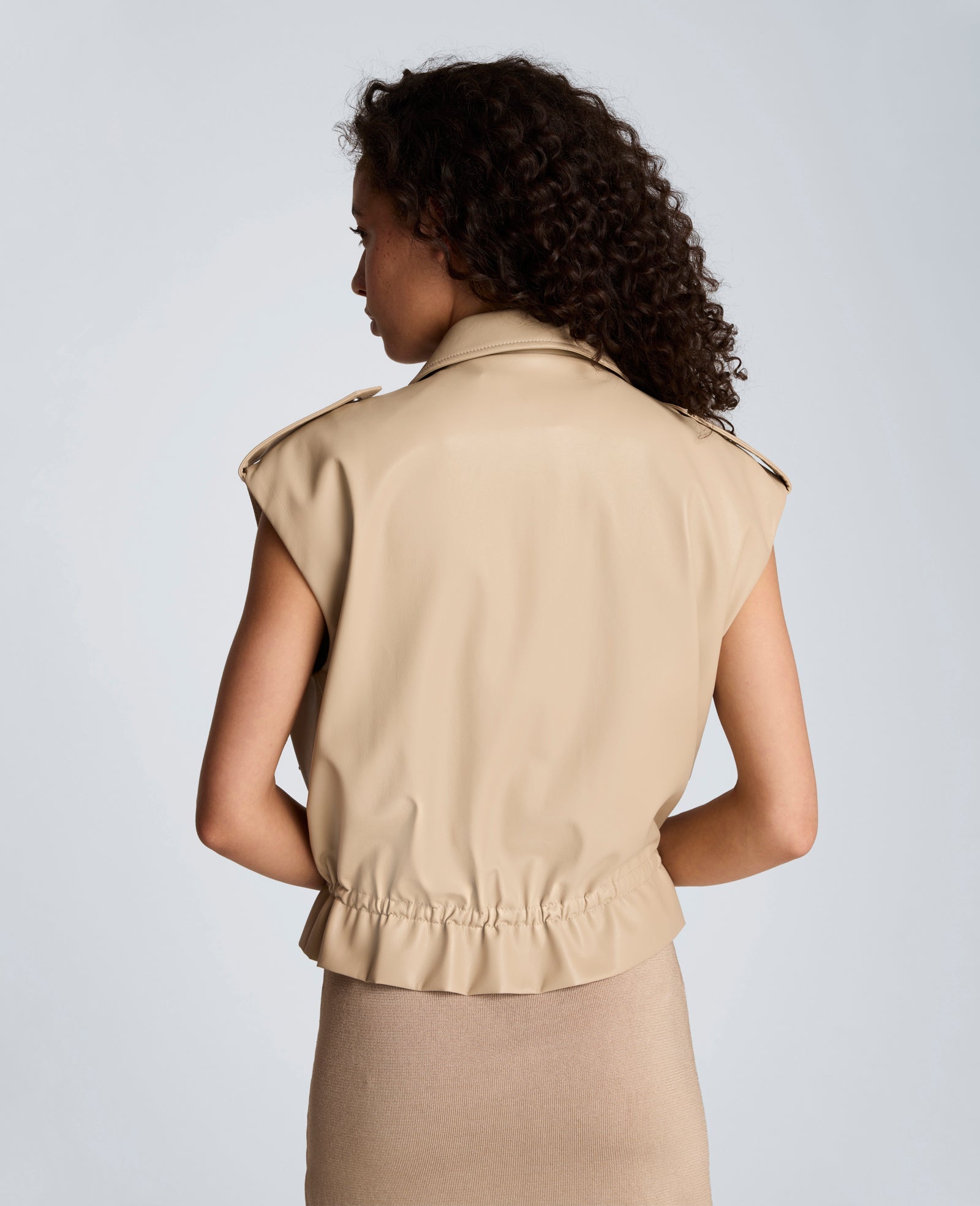 Faux Leather Snap Front Jacket with Drawcord Waist