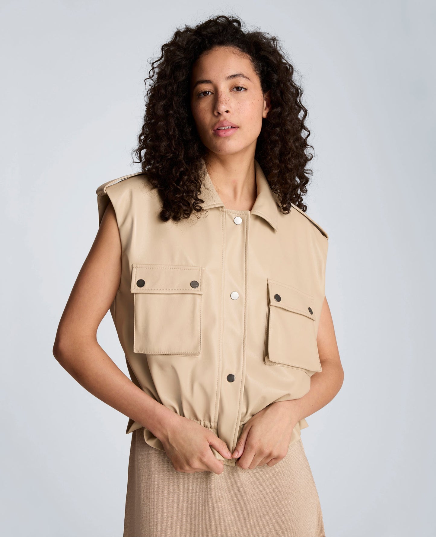 Faux Leather Snap Front Jacket with Drawcord Waist