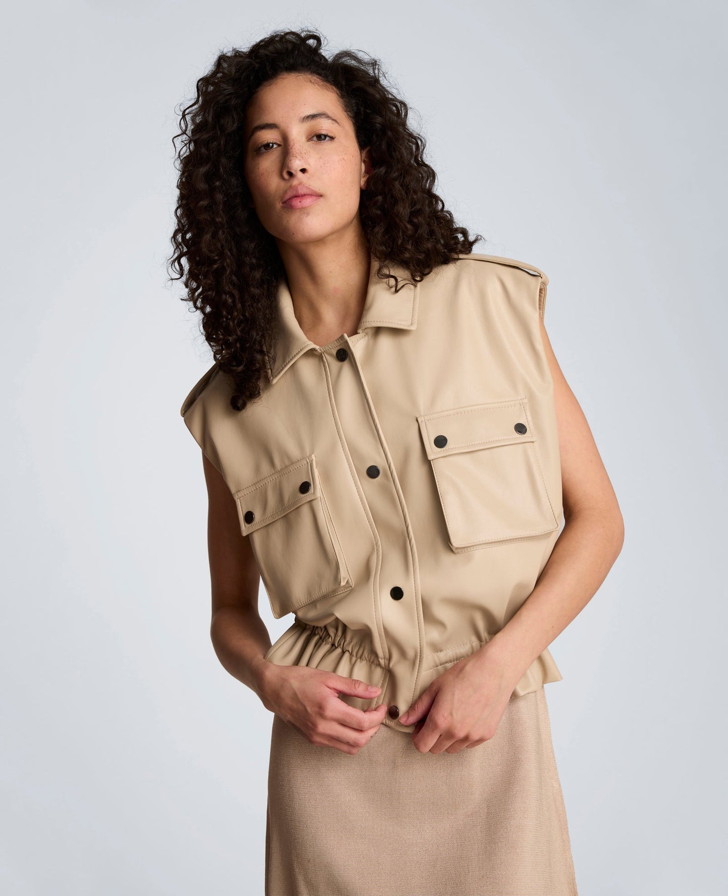 Faux Leather Snap Front Jacket with Drawcord Waist