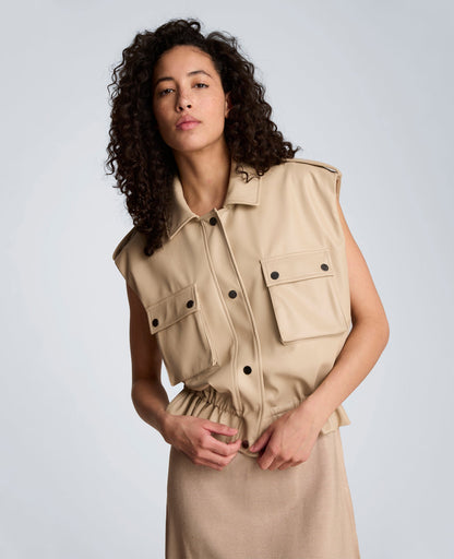 Faux Leather Snap Front Jacket with Drawcord Waist
