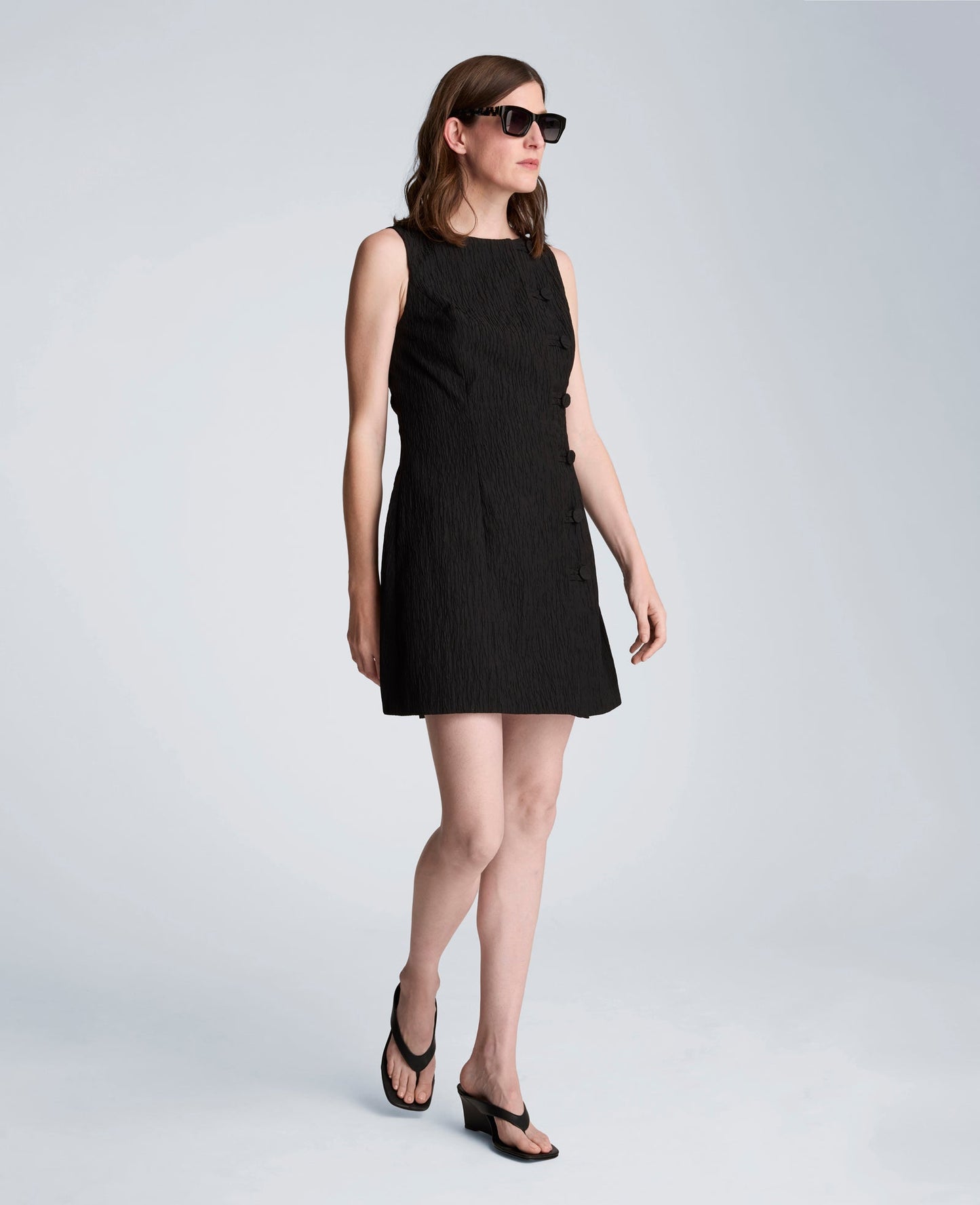 Button Front Boat Neck Sheath Short Cotton Cloque Dress