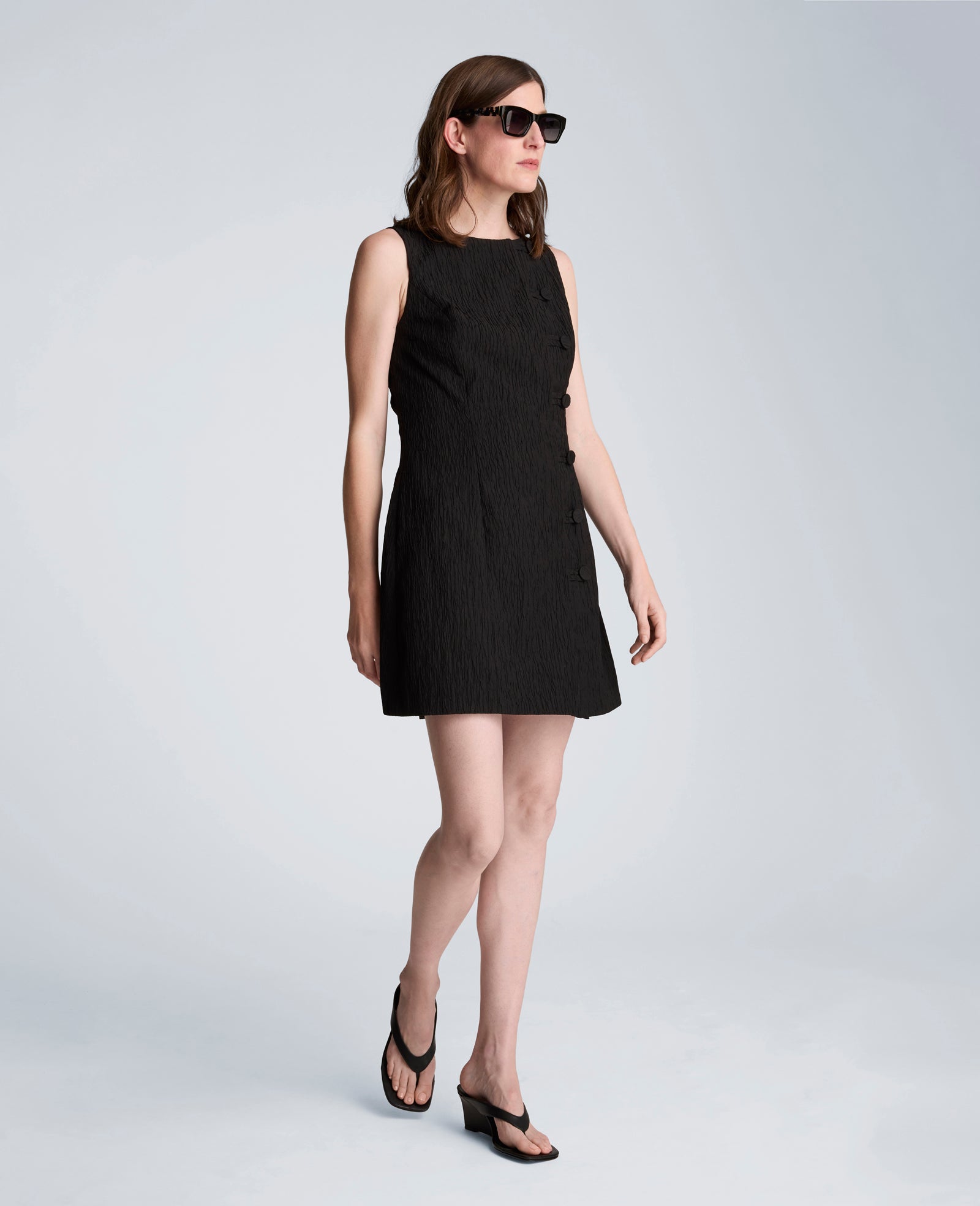 Button Front Boat Neck Sheath Short Cotton Cloque Dress