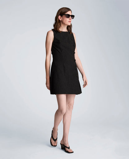 Button Front Boat Neck Sheath Short Cotton Cloque Dress