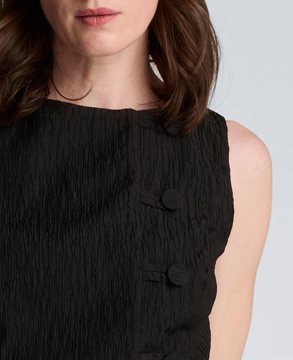 Button Front Boat Neck Sheath Short Cotton Cloque Dress