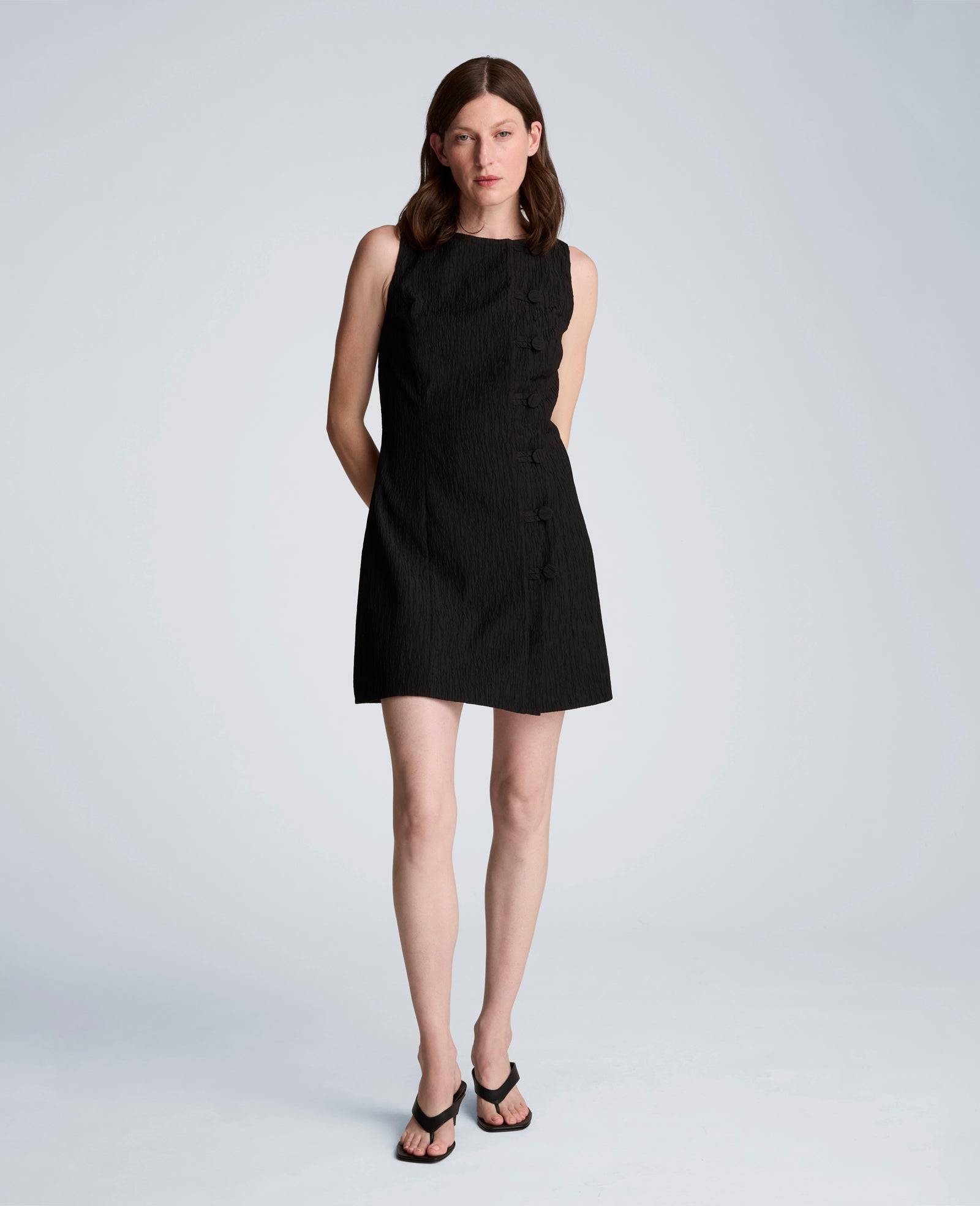 Button Front Boat Neck Sheath Short Cotton Cloque Dress