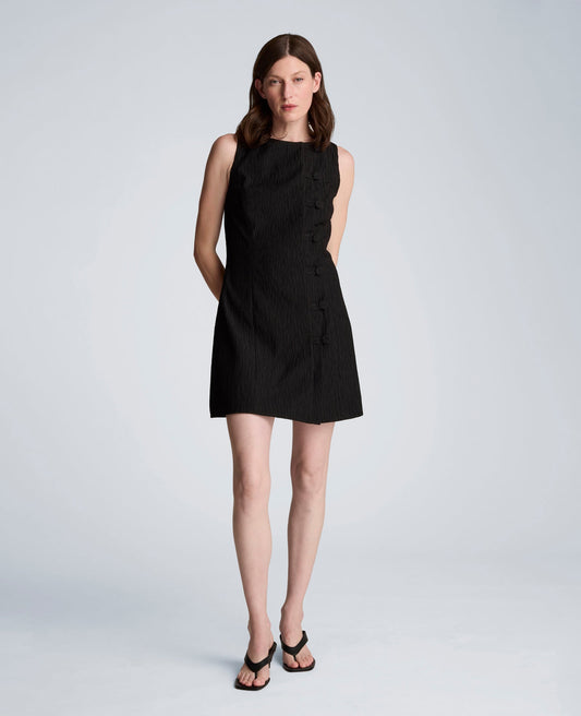 Button Front Boat Neck Sheath Short Cotton Cloque Dress