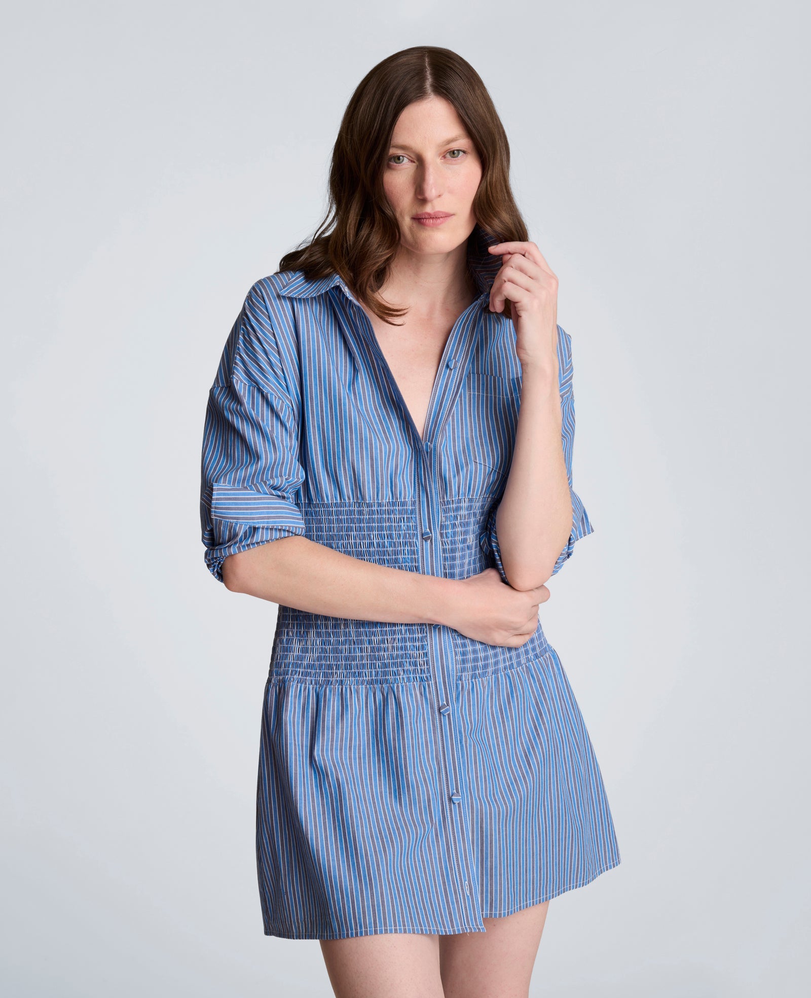 Smocked Dolman Sleeve Mini Shirt Dress