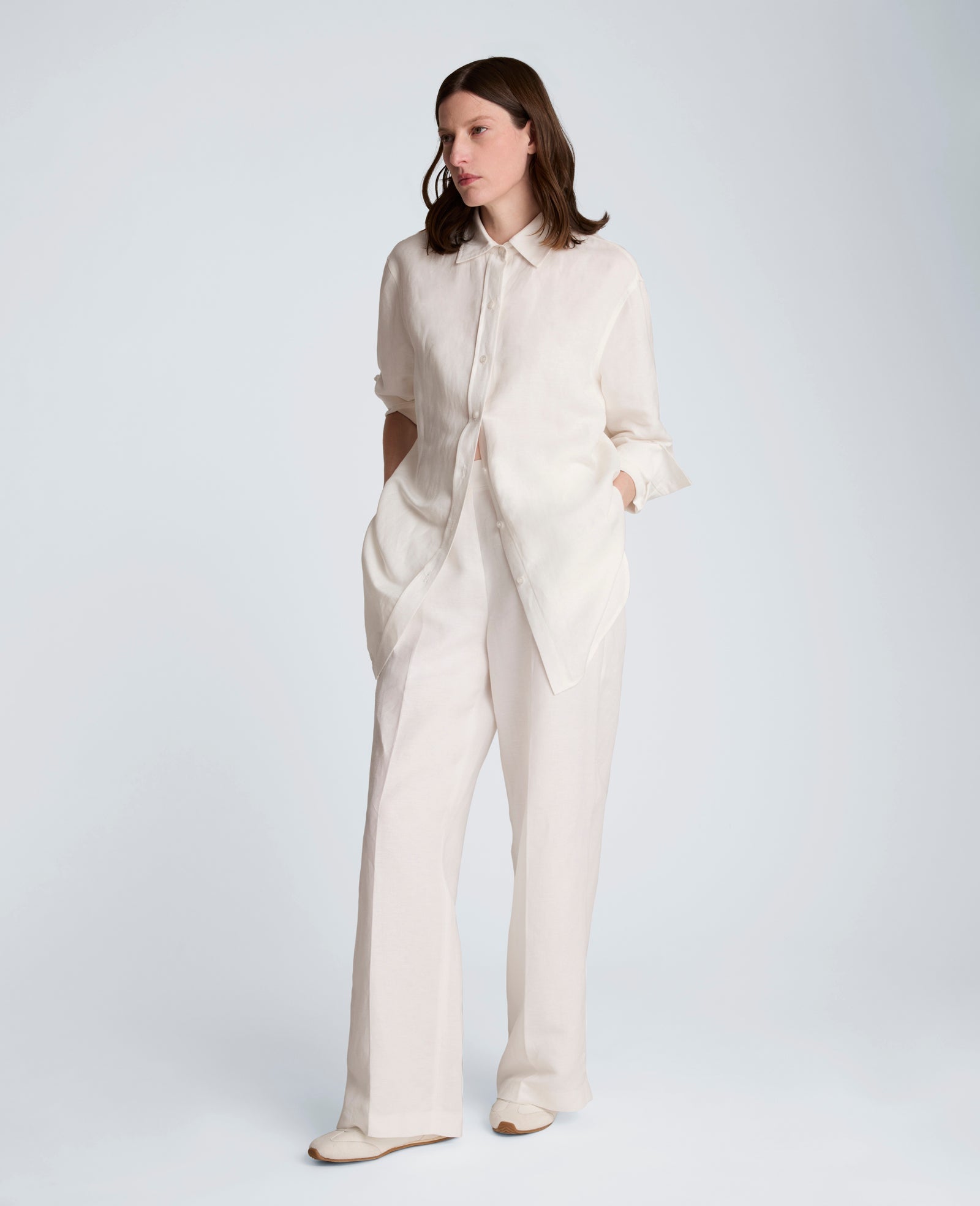 Refined Linen Drop Shoulder Button Front Boyfriend Shirt
