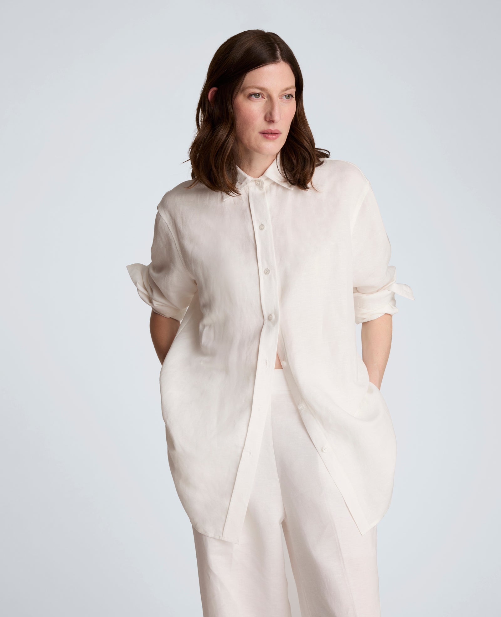 Refined Linen Drop Shoulder Button Front Boyfriend Shirt