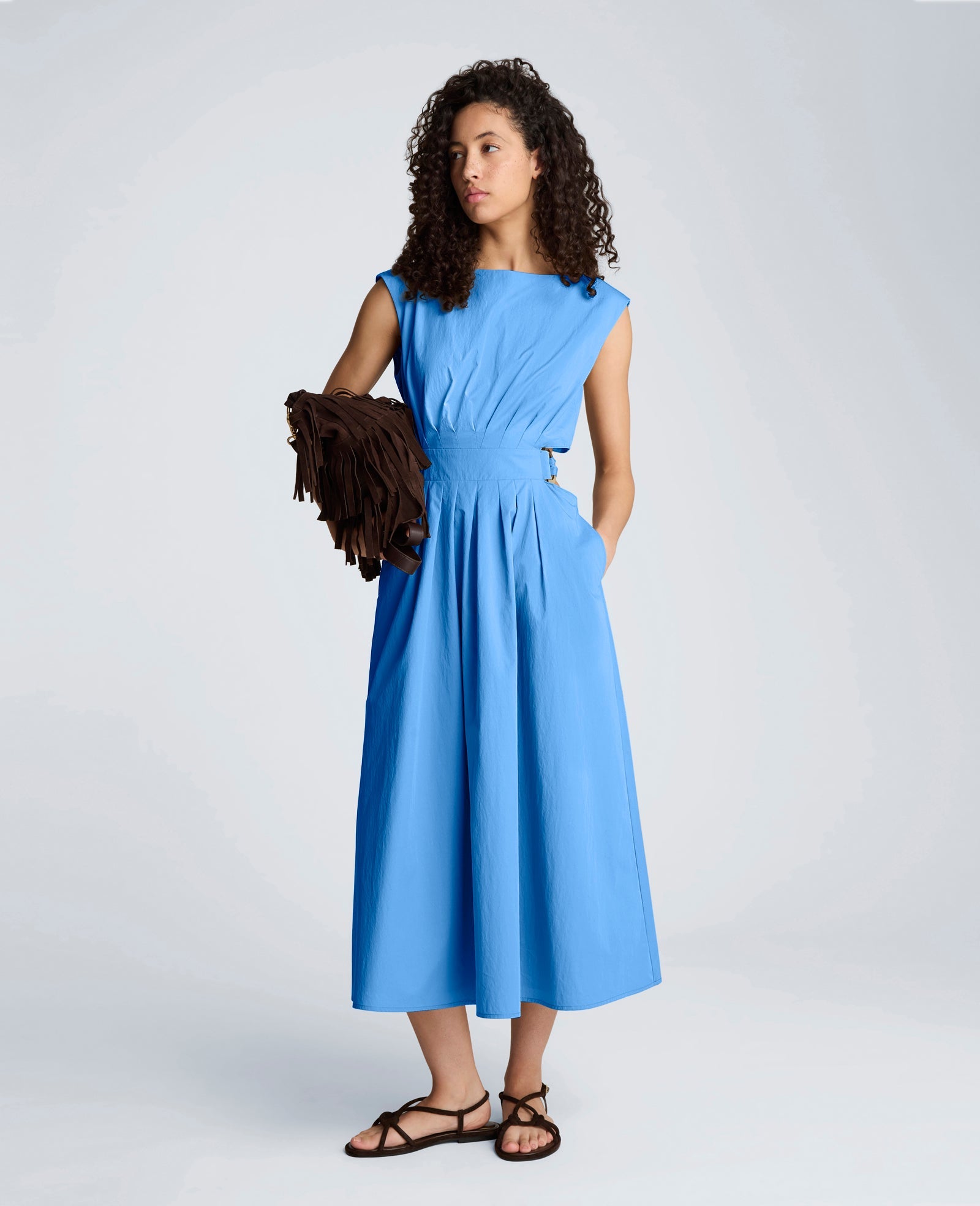 Cotton Poplin Sleeveless D-Rings Tie Midi Dress