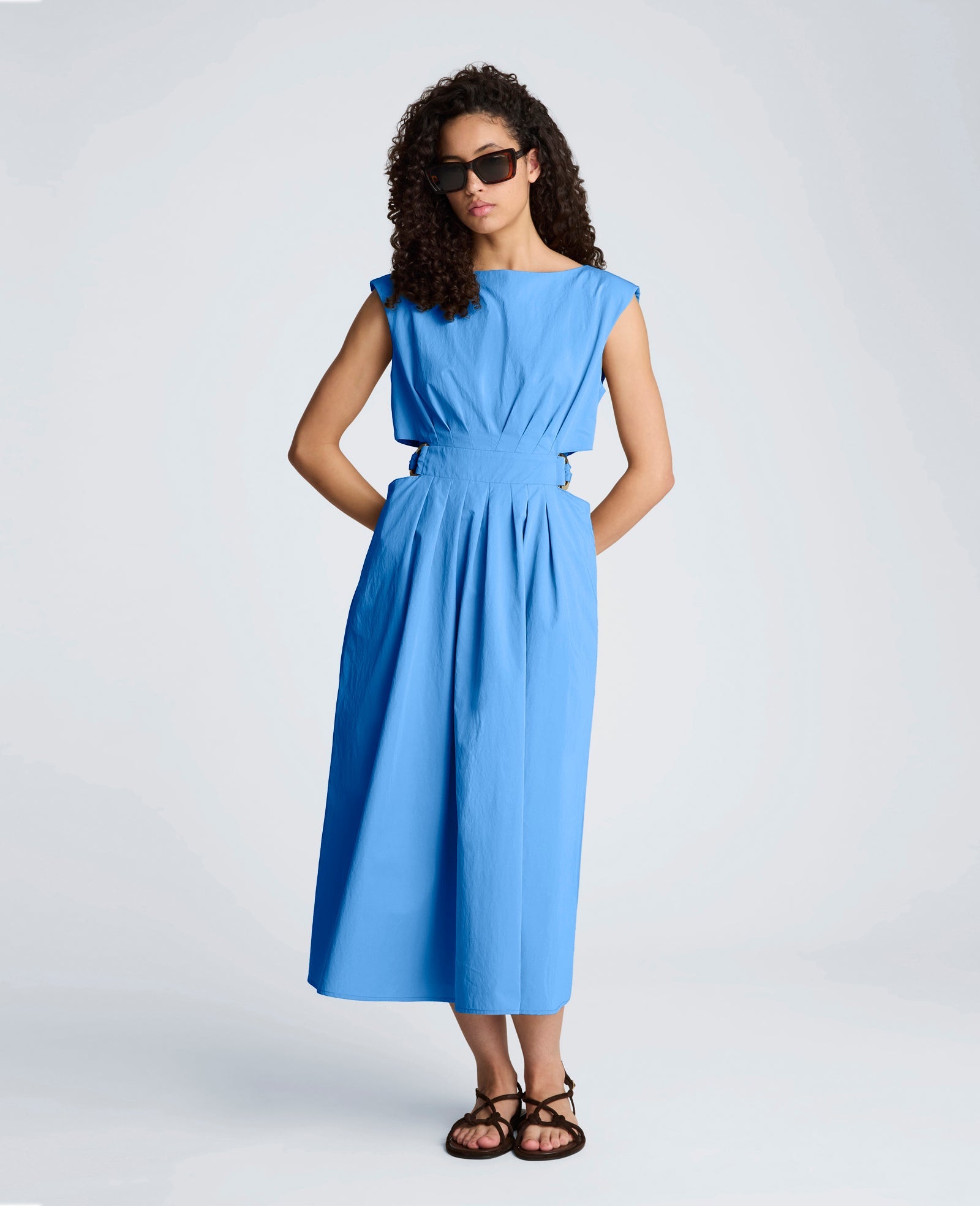 Cotton Poplin Sleeveless D-Rings Tie Midi Dress