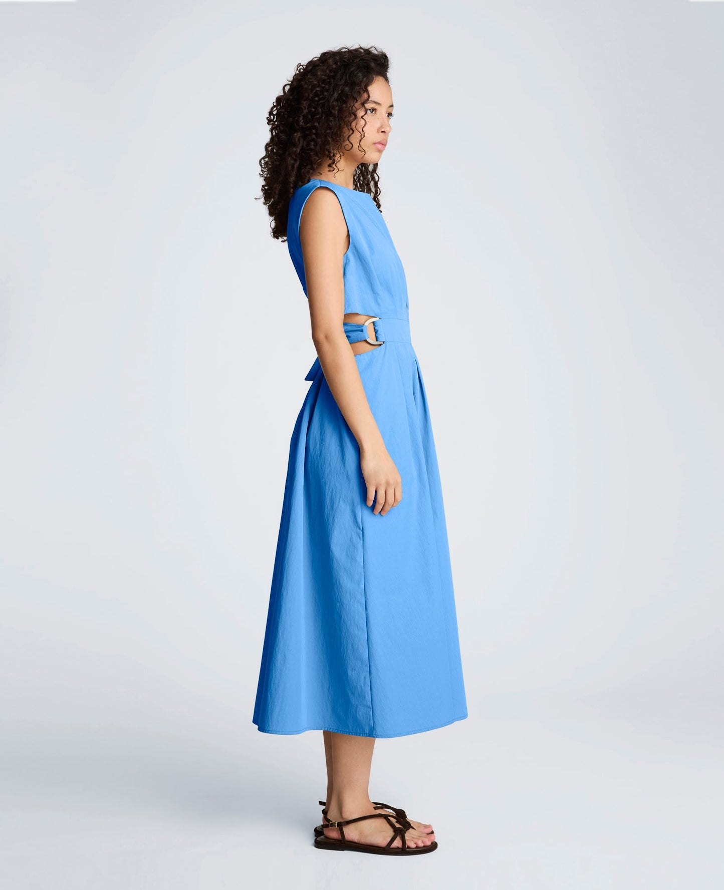 Cotton Poplin Sleeveless D-Rings Tie Midi Dress