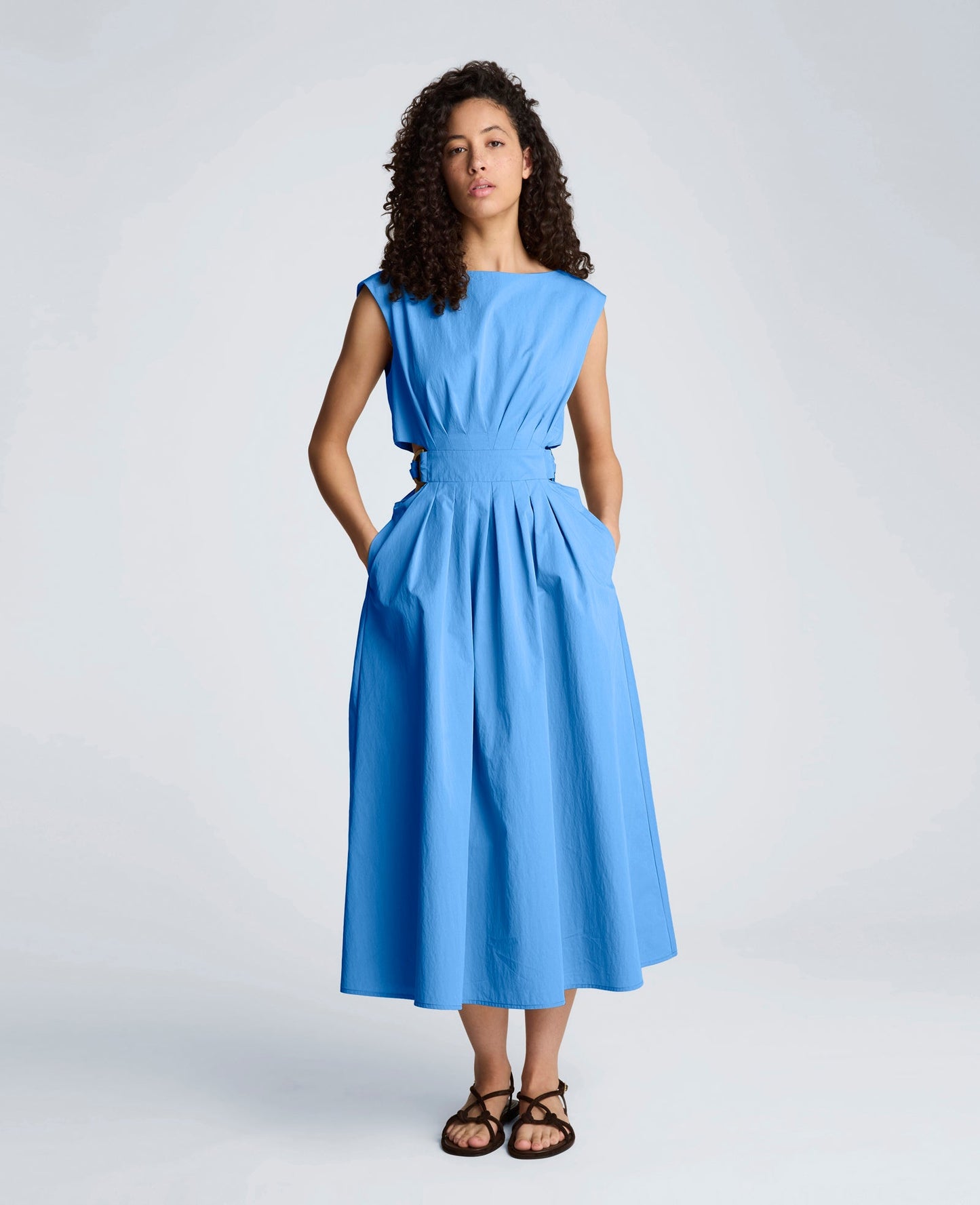 Cotton Poplin Sleeveless D-Rings Tie Midi Dress