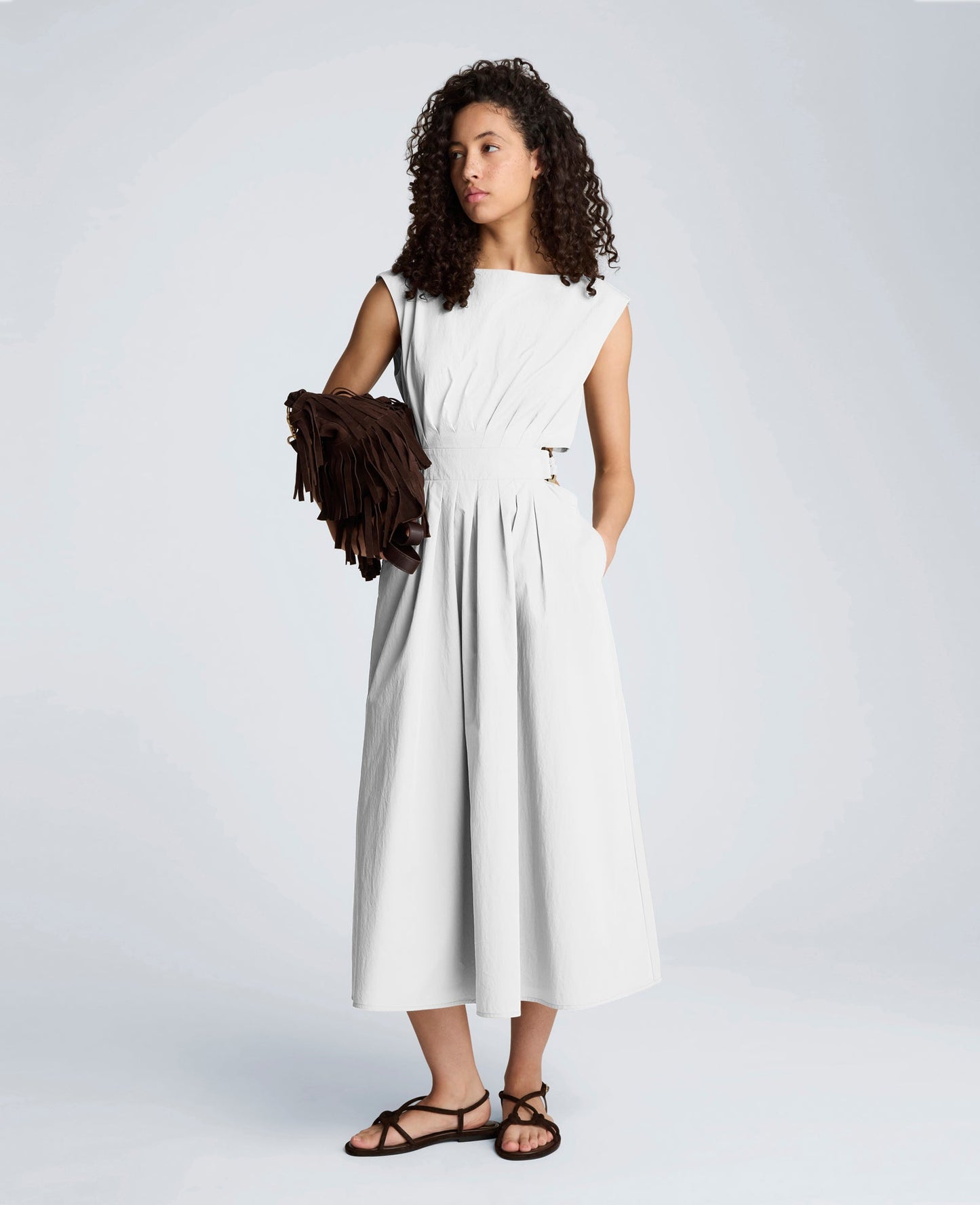 Cotton Poplin Sleeveless D-Rings Tie Midi Dress