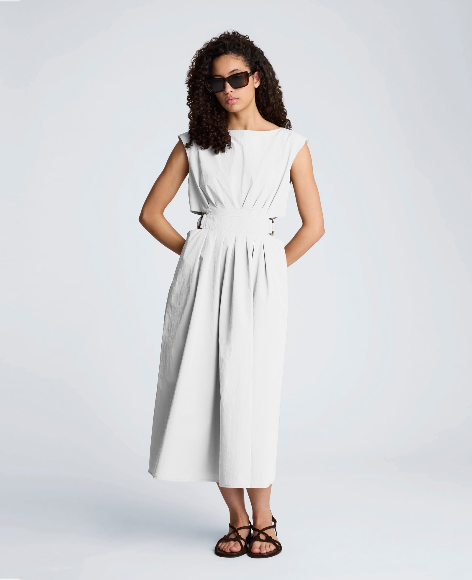 Cotton Poplin Sleeveless D-Rings Tie Midi Dress