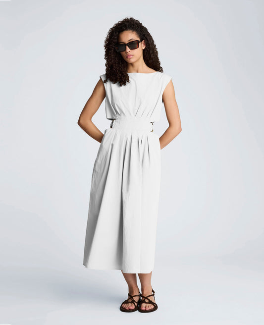 Cotton Poplin Sleeveless D-Rings Tie Midi Dress
