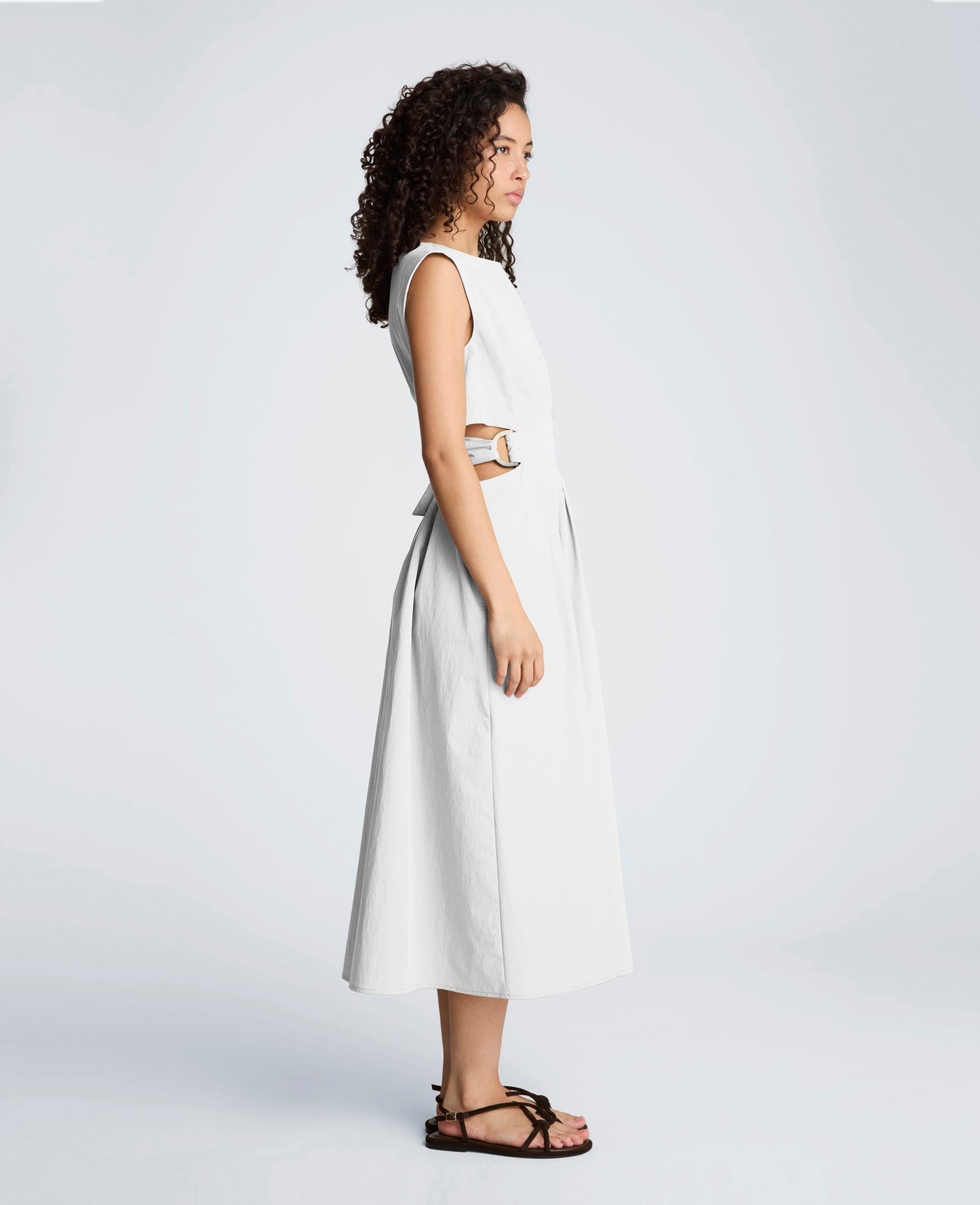Cotton Poplin Sleeveless D-Rings Tie Midi Dress