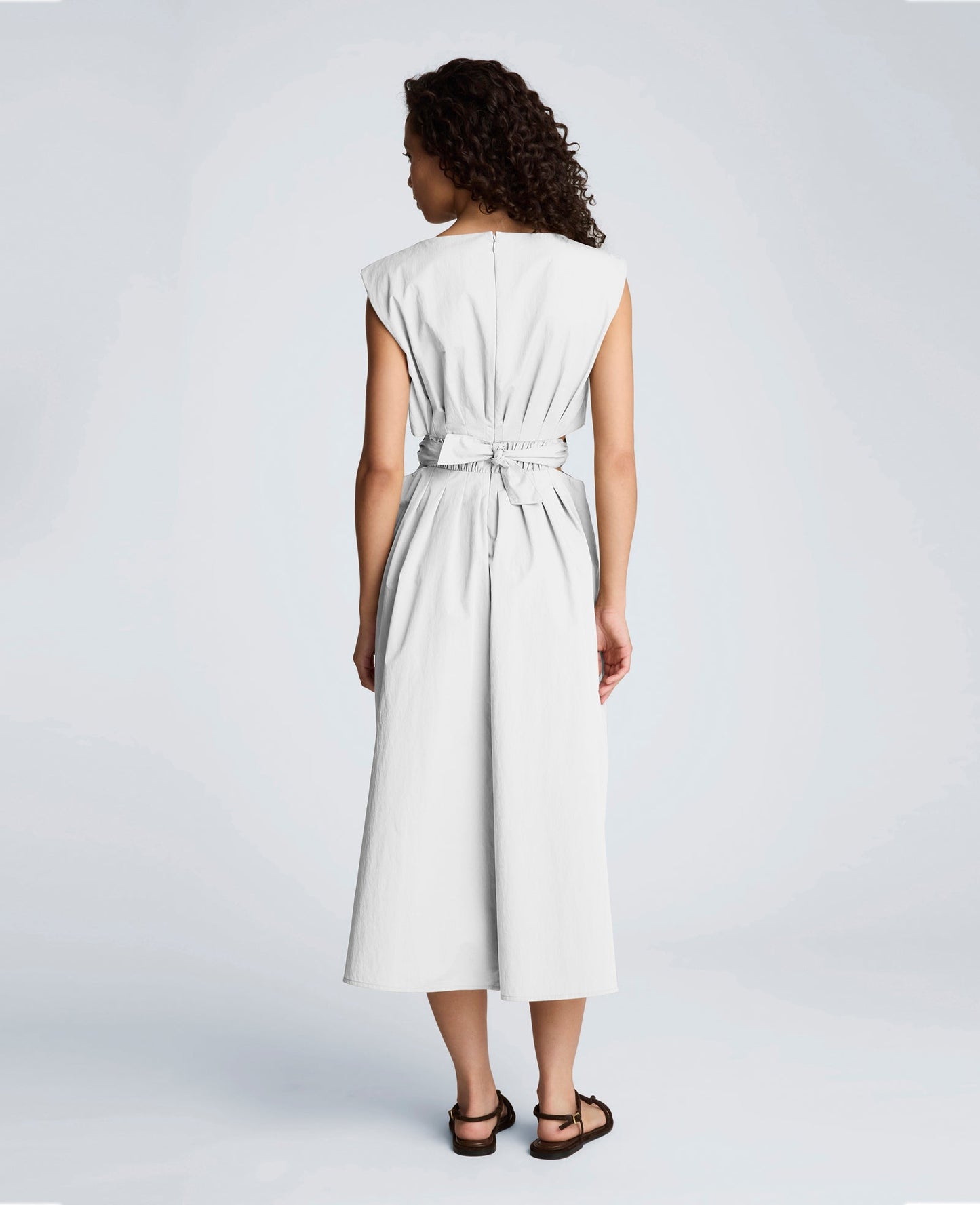 Cotton Poplin Sleeveless D-Rings Tie Midi Dress