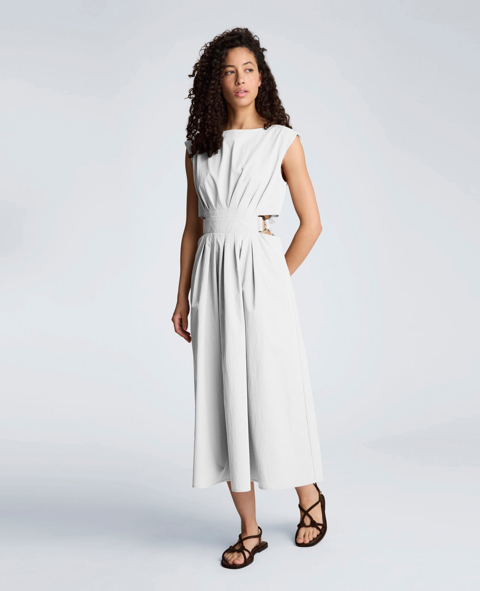 Cotton Poplin Sleeveless D-Rings Tie Midi Dress