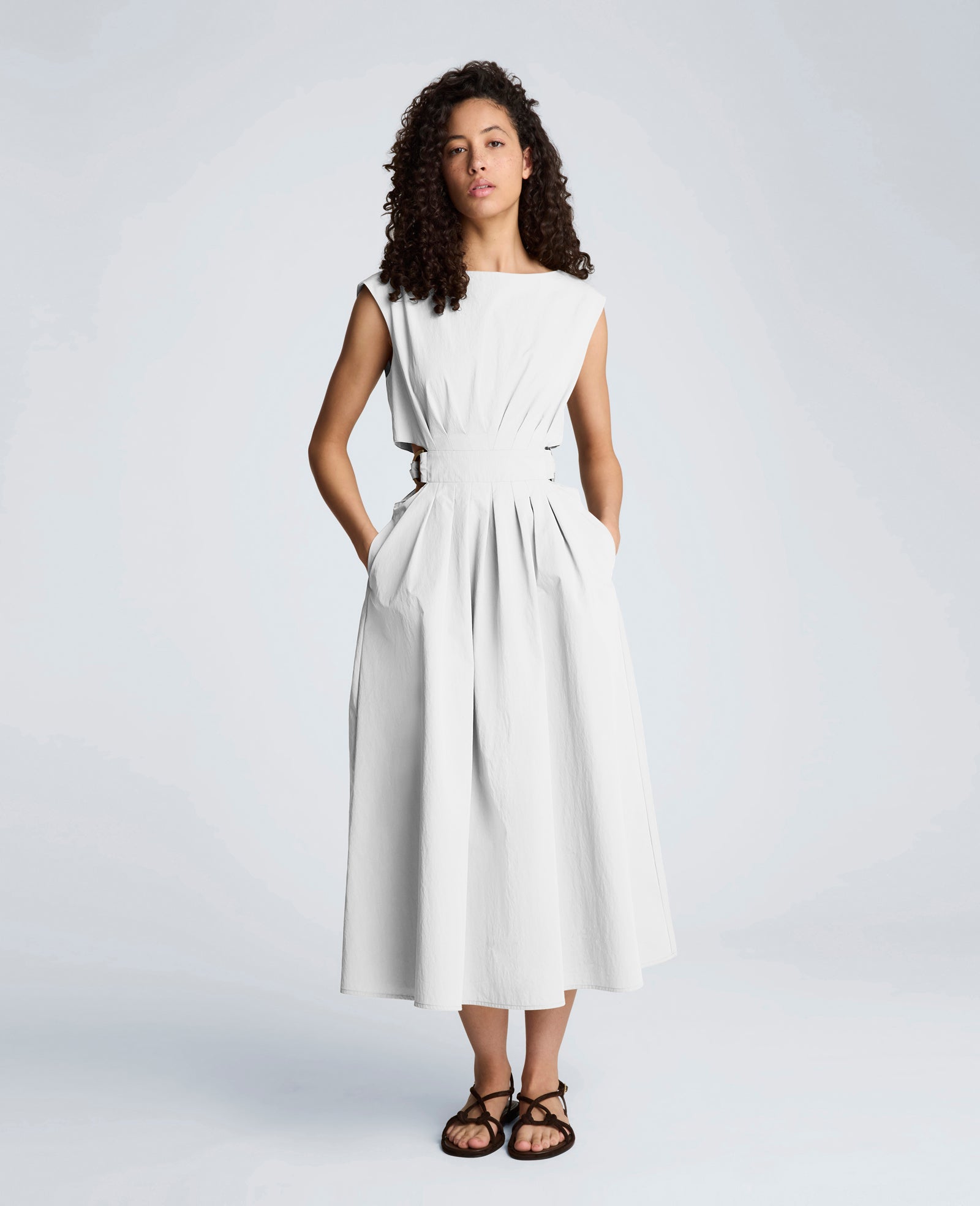 Cotton Poplin Sleeveless D-Rings Tie Midi Dress
