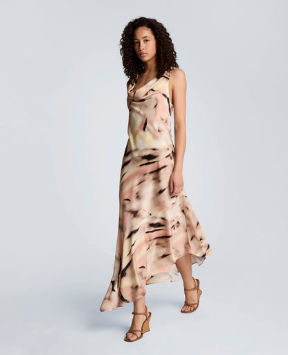 Satin Asymmetrical Hem Cowl Neck Dress