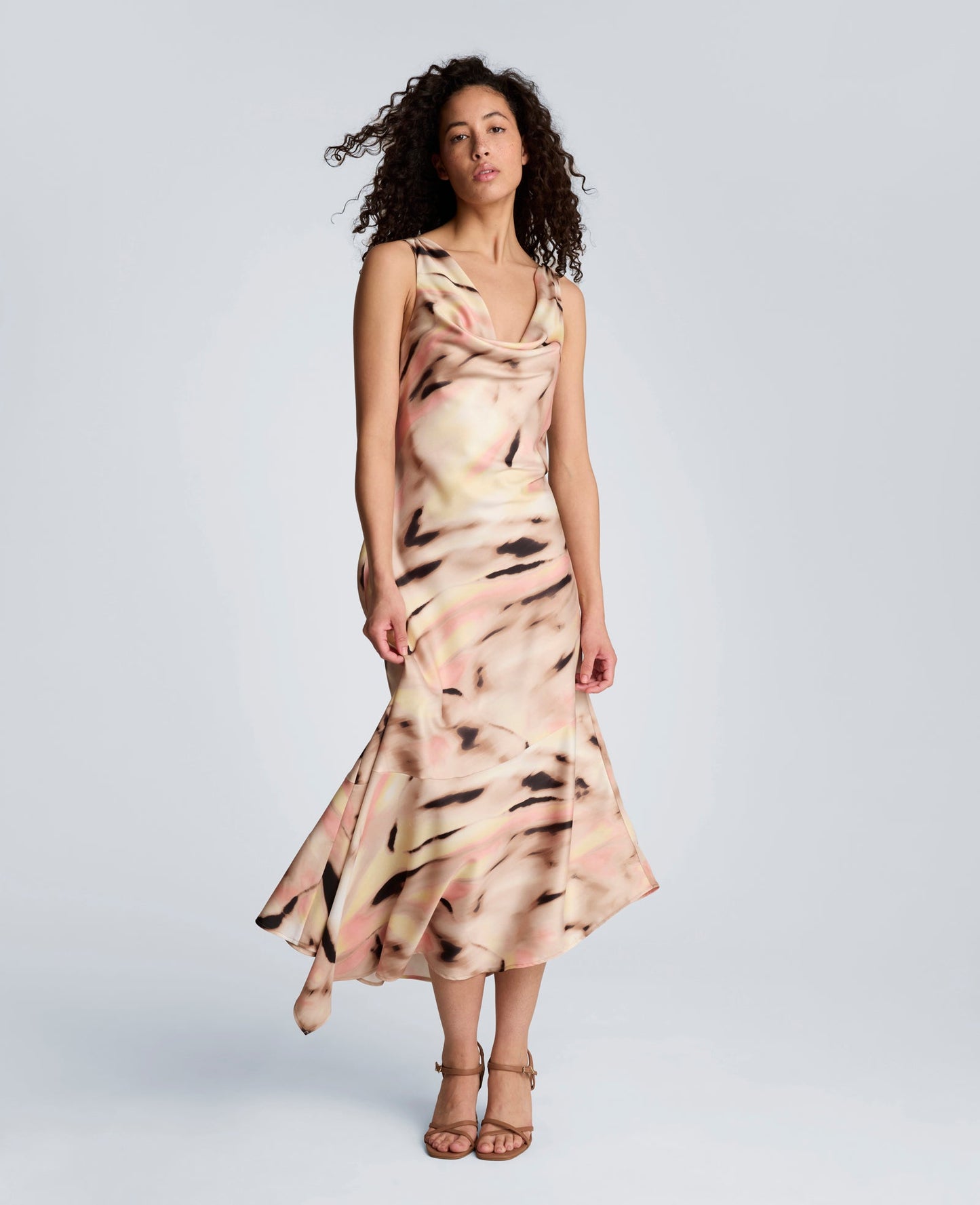 Satin Asymmetrical Hem Cowl Neck Dress