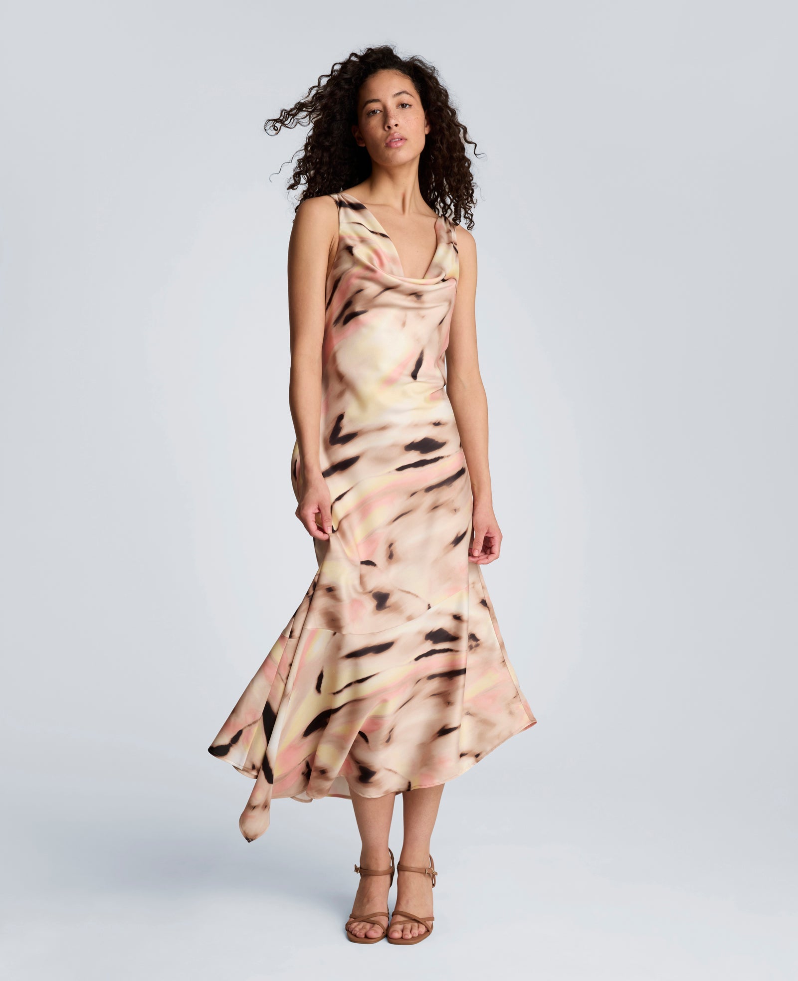 Satin Asymmetrical Hem Cowl Neck Dress