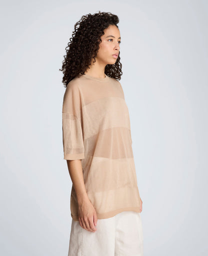Shiny Semi Sheer Stripe Crew Neck