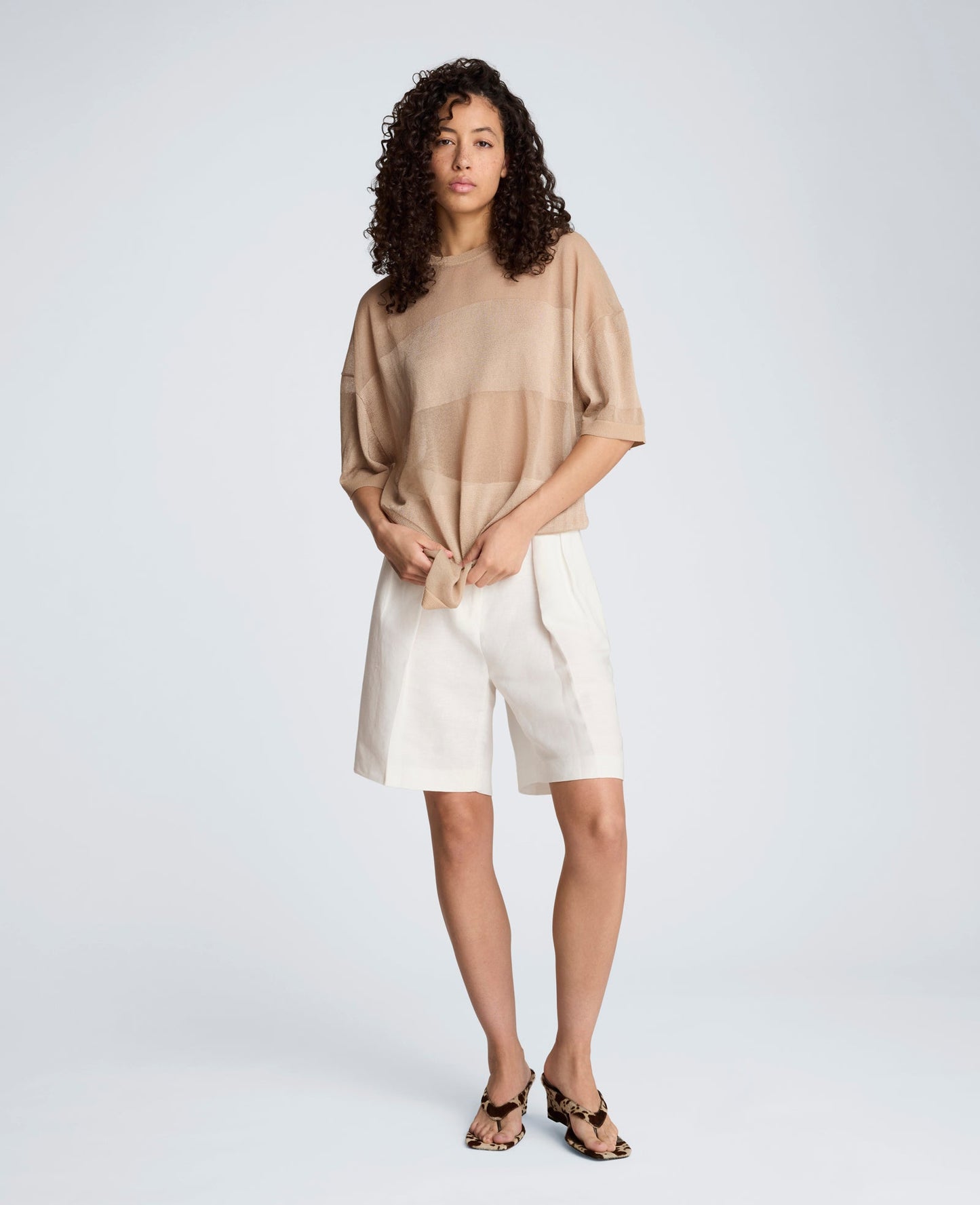 Shiny Semi Sheer Stripe Crew Neck