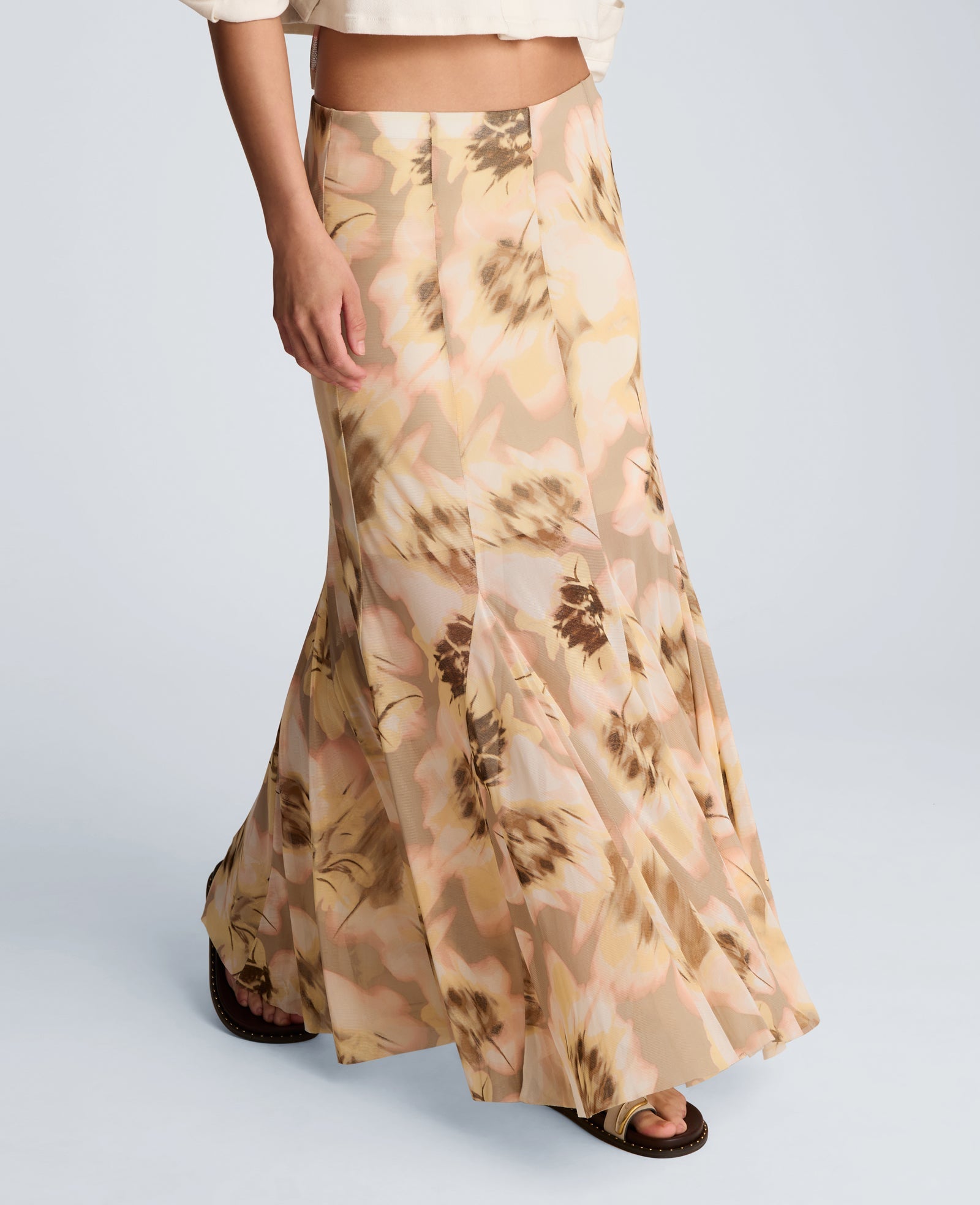 Mesh Pull On Godet Fit and Flare Maxi Skirt