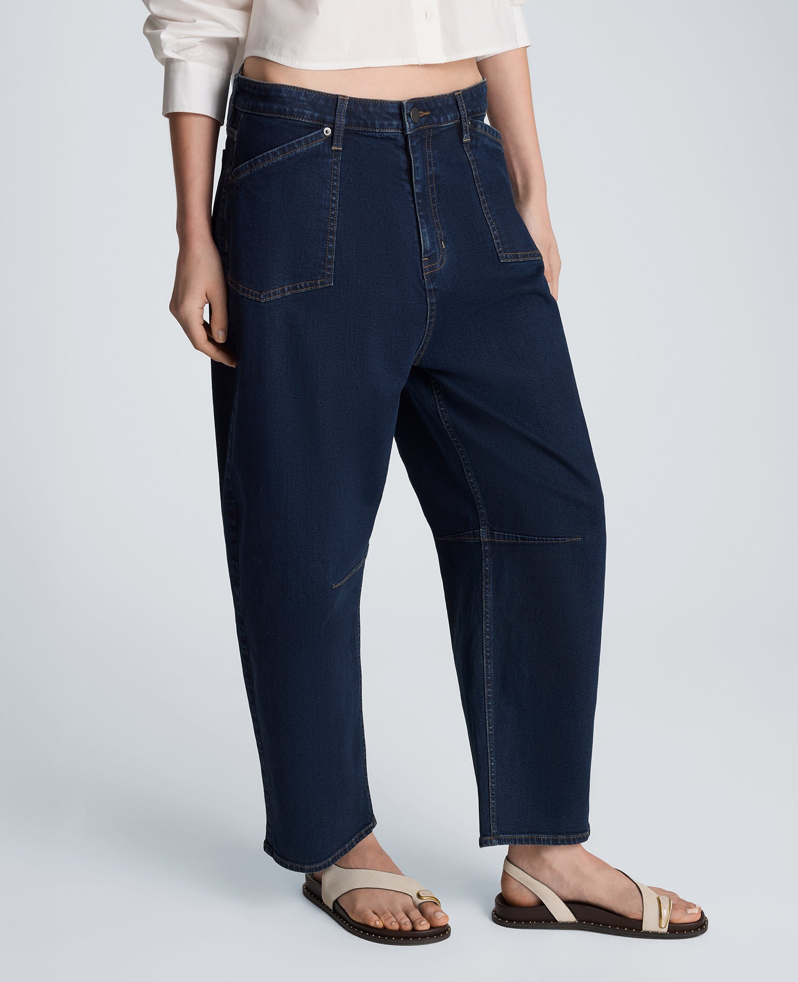 High Rise Fly Front Cropped Barrel Jeans