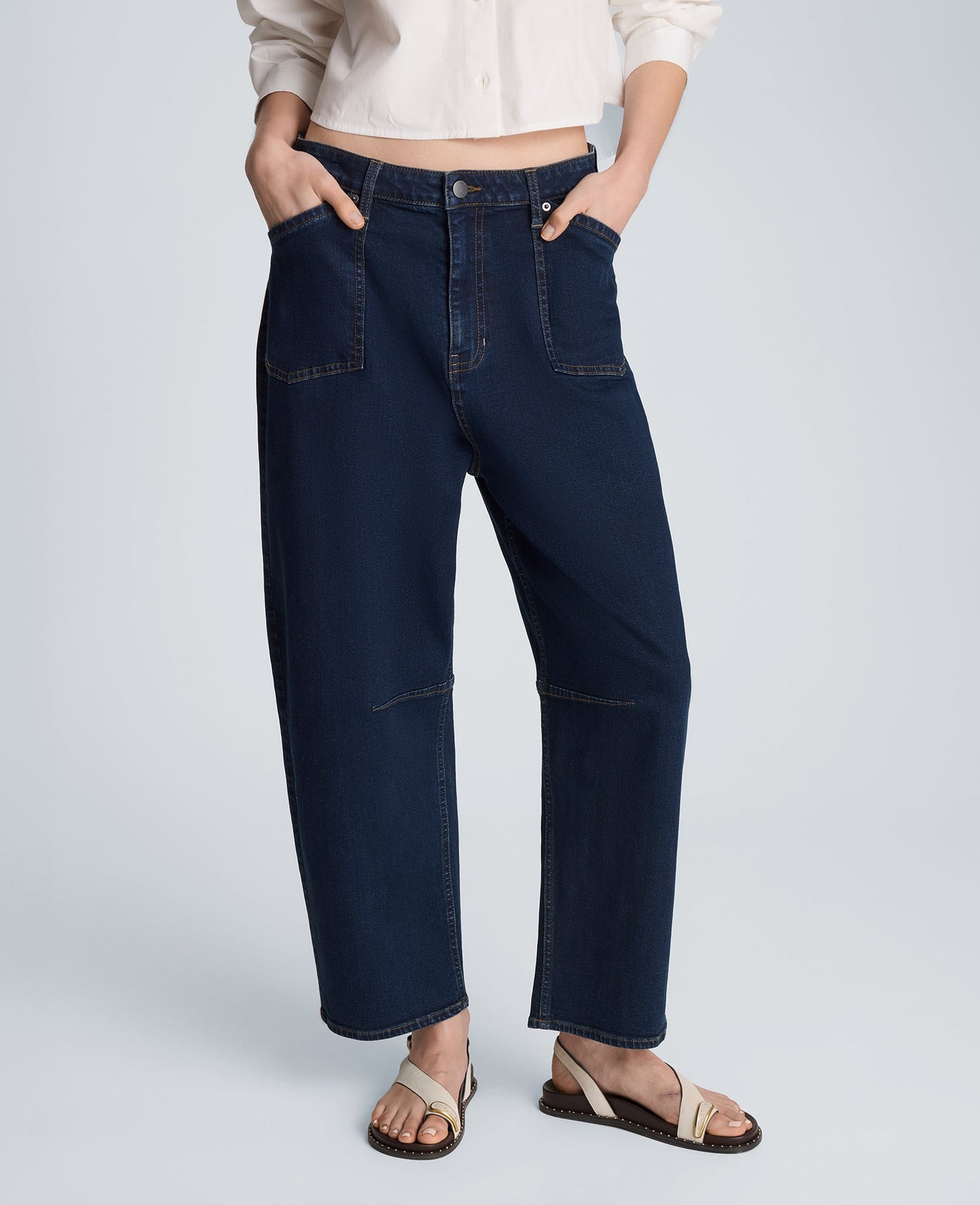High Rise Fly Front Cropped Barrel Jeans