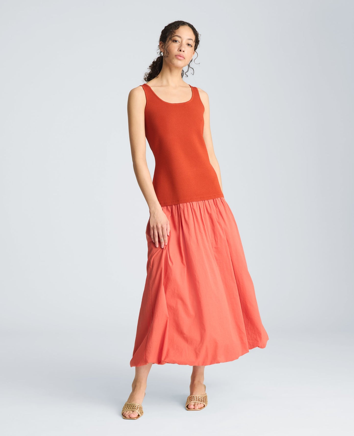 Tank Dress with Draped Woven Skirt