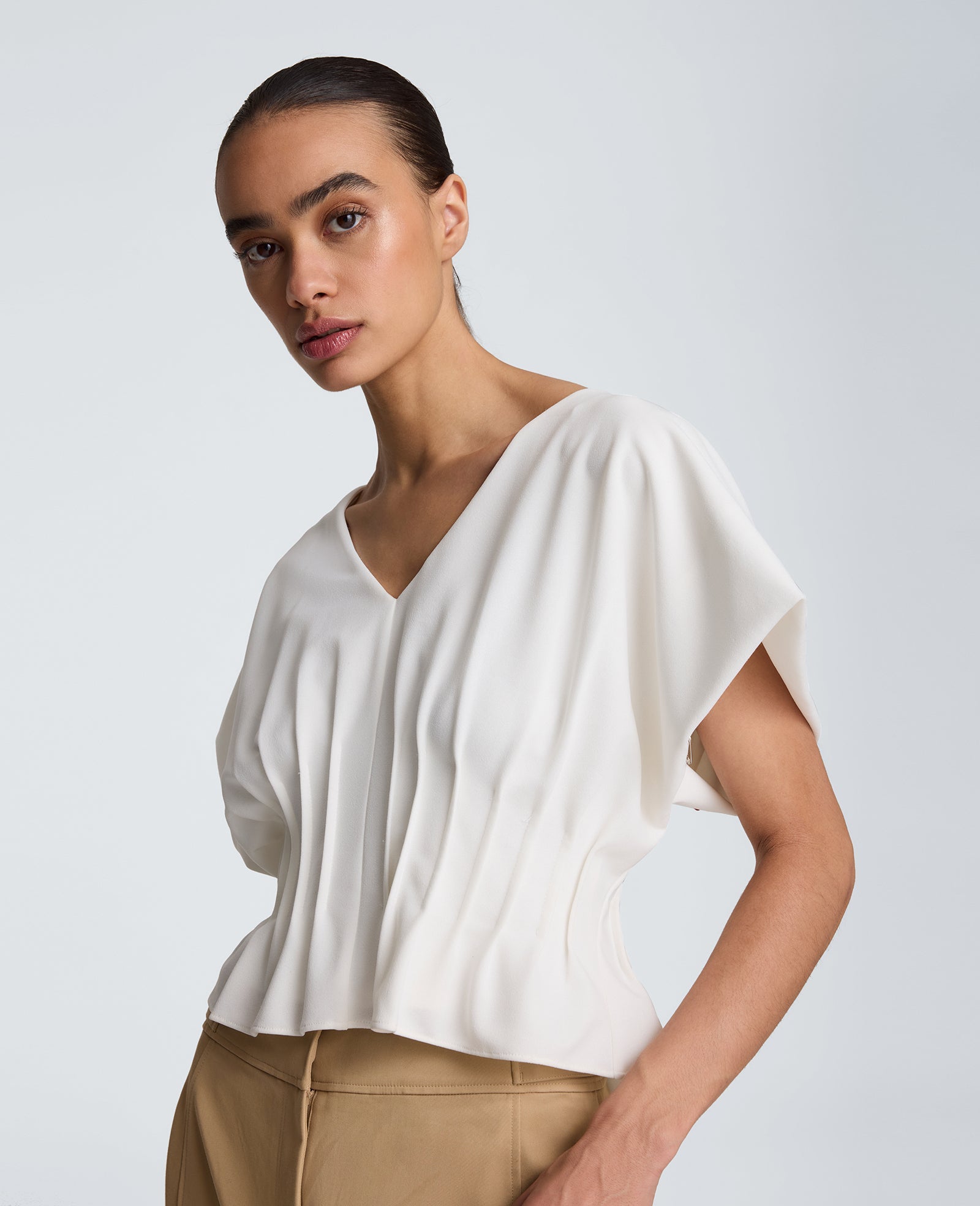 Pleated V-Neck Pullover Top