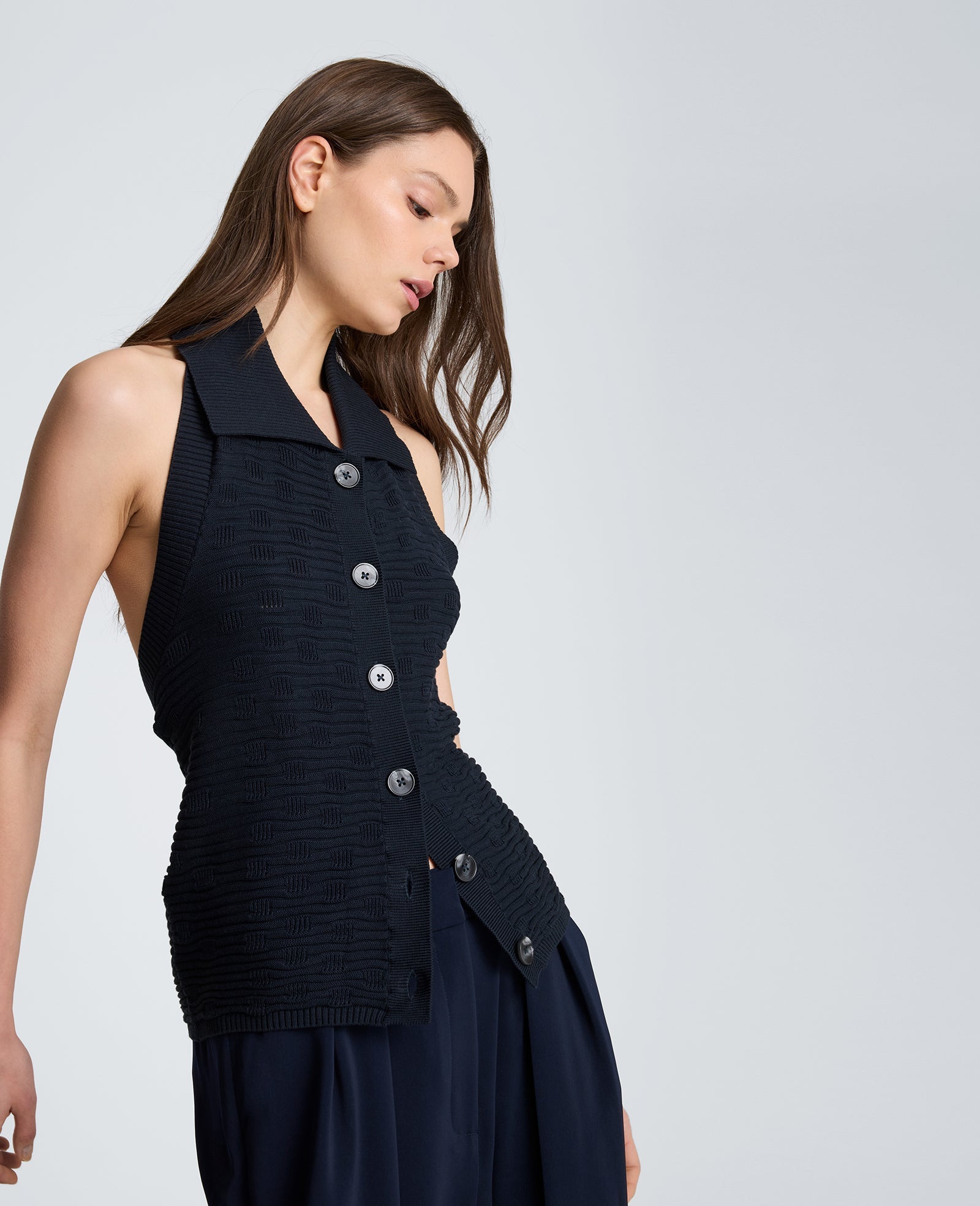 Collared Halter Sweater with Button Front
