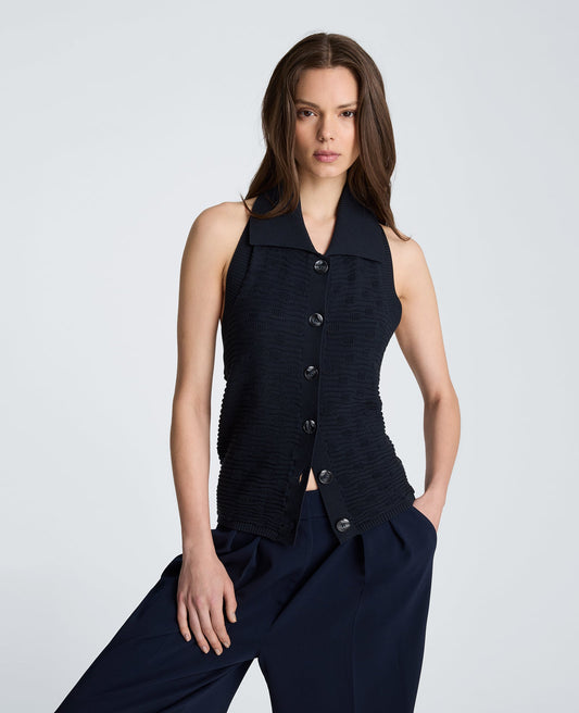 Collared Halter Sweater with Button Front