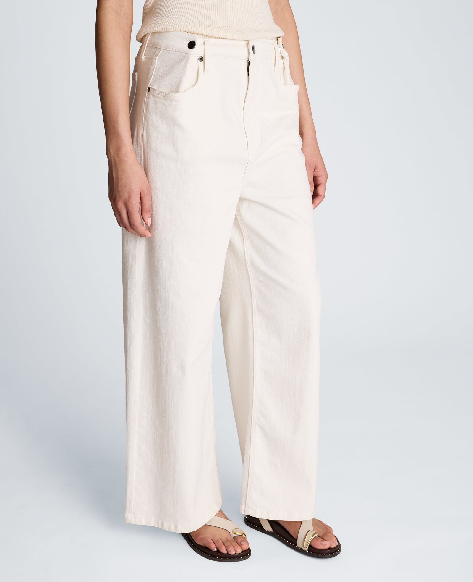 High Rise Fly Front Wide Leg Denim with Adjustable Waist