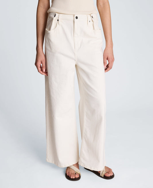 High Rise Fly Front Wide Leg Denim with Adjustable Waist