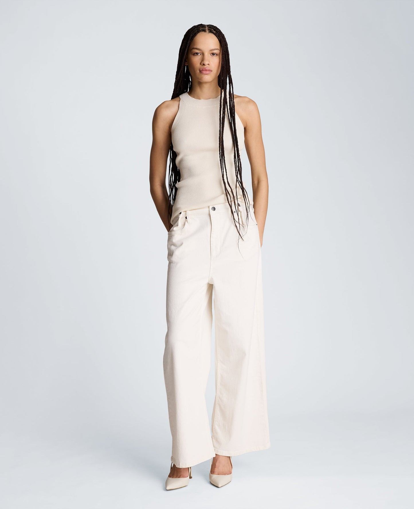 High Rise Fly Front Wide Leg Denim with Adjustable Waist