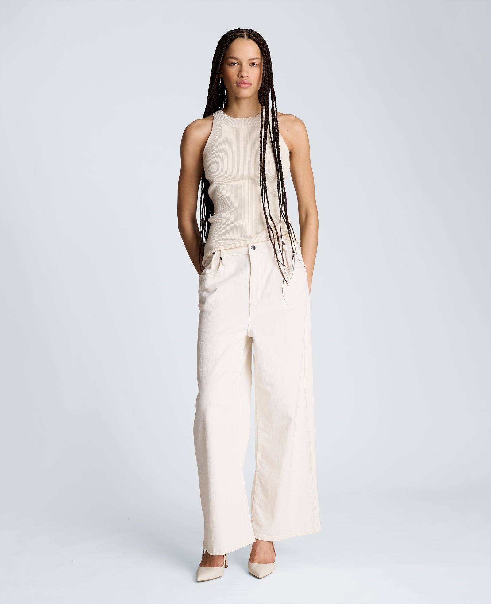 High Rise Fly Front Wide Leg Denim with Adjustable Waist