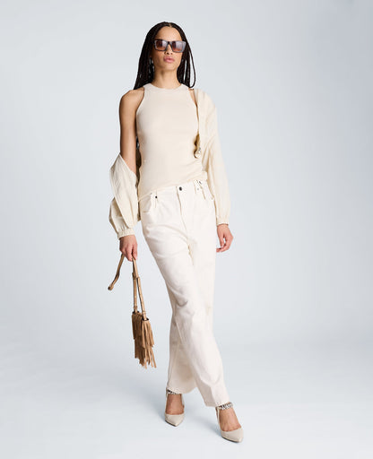 High Rise Fly Front Wide Leg Denim with Adjustable Waist