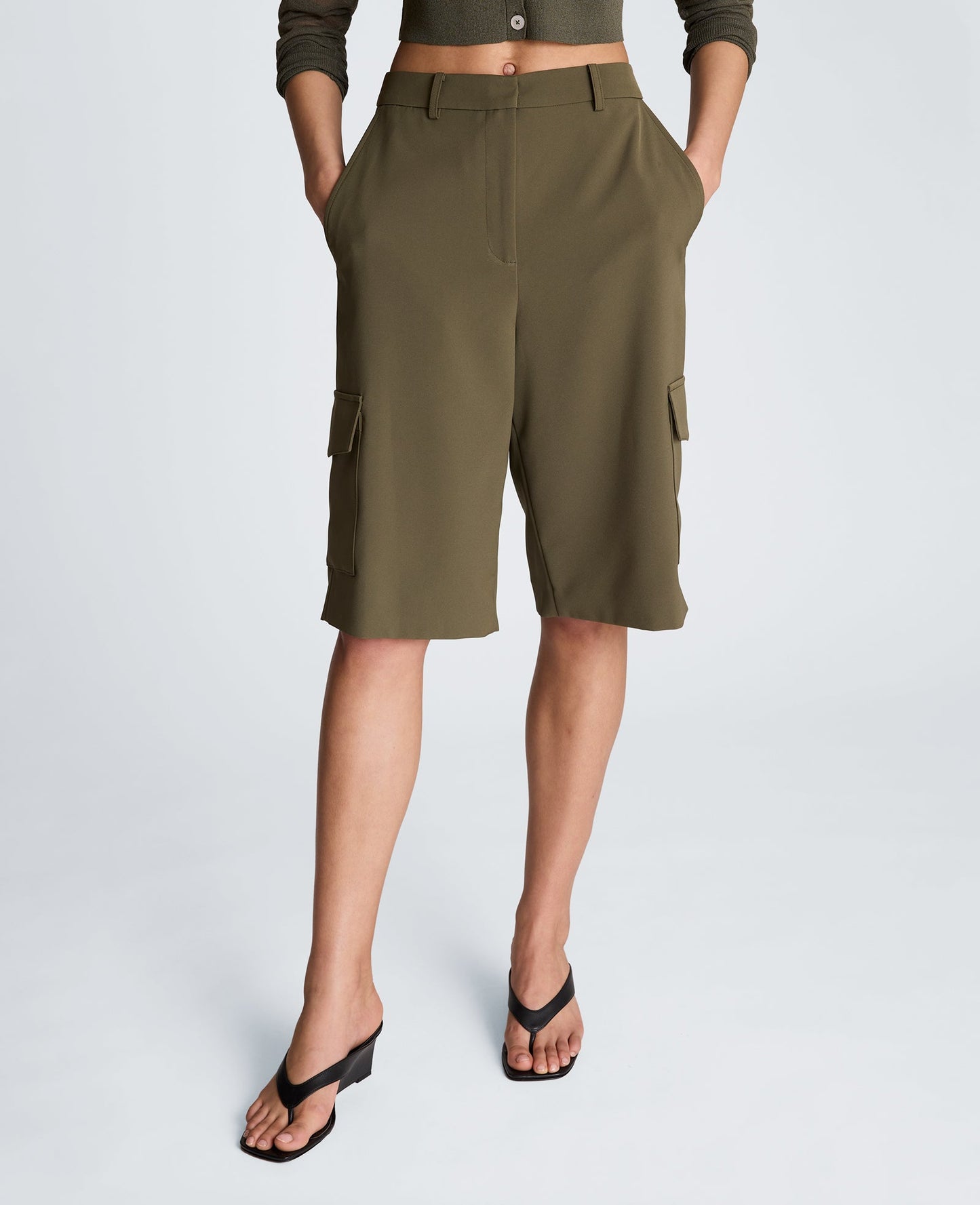 Fly Front High Rise Long Short with Cargo Pockets