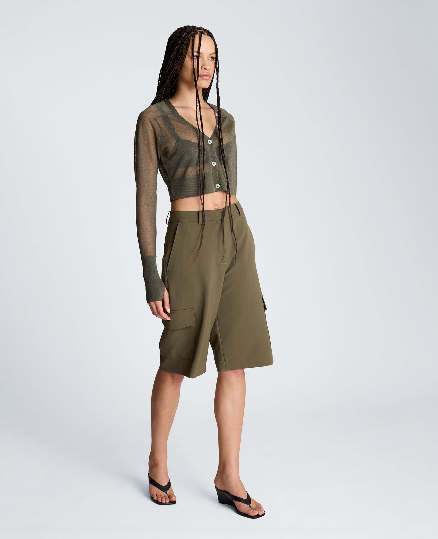 Fly Front High Rise Long Short with Cargo Pockets