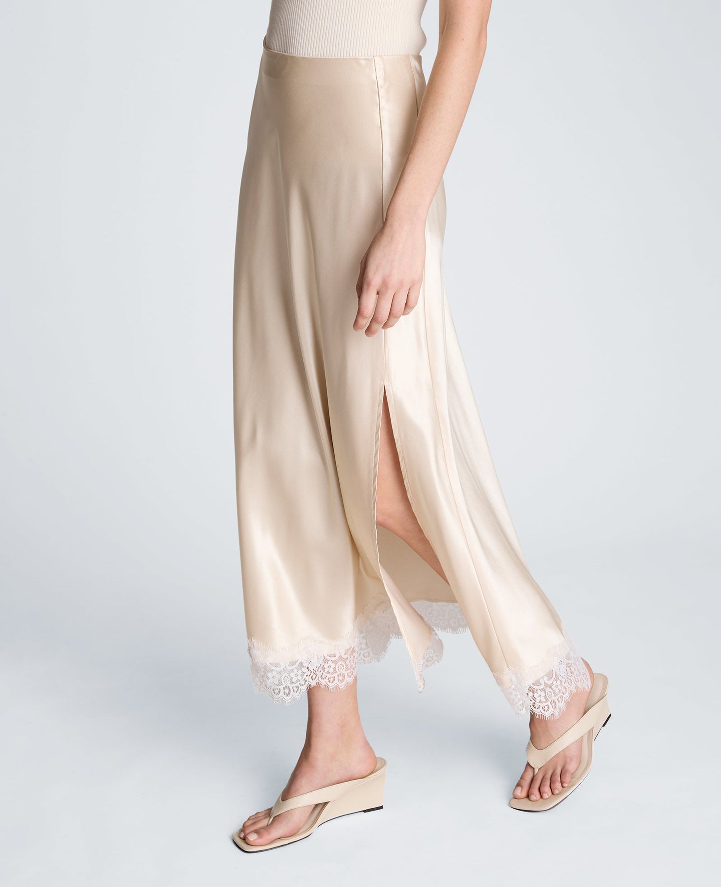 Pull On Midi Skirt with Side Slit & Lace Trim