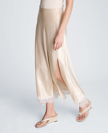 Pull On Midi Skirt with Side Slit & Lace Trim