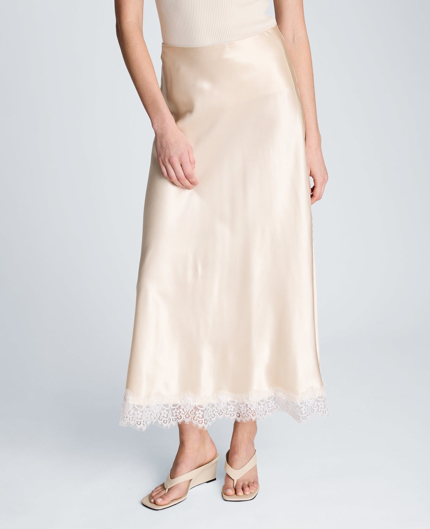 Pull On Midi Skirt with Side Slit & Lace Trim