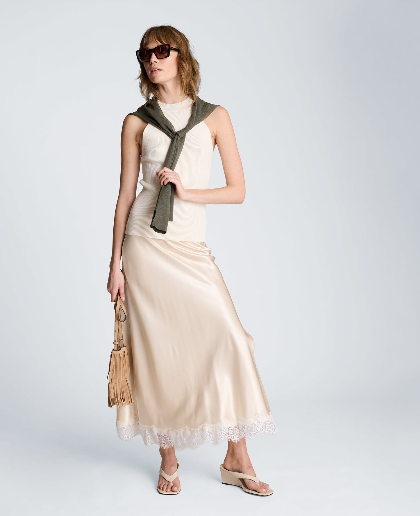 Pull On Midi Skirt with Side Slit & Lace Trim