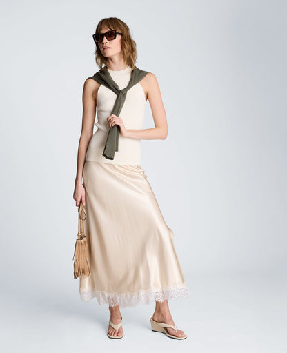 Pull On Midi Skirt with Side Slit & Lace Trim