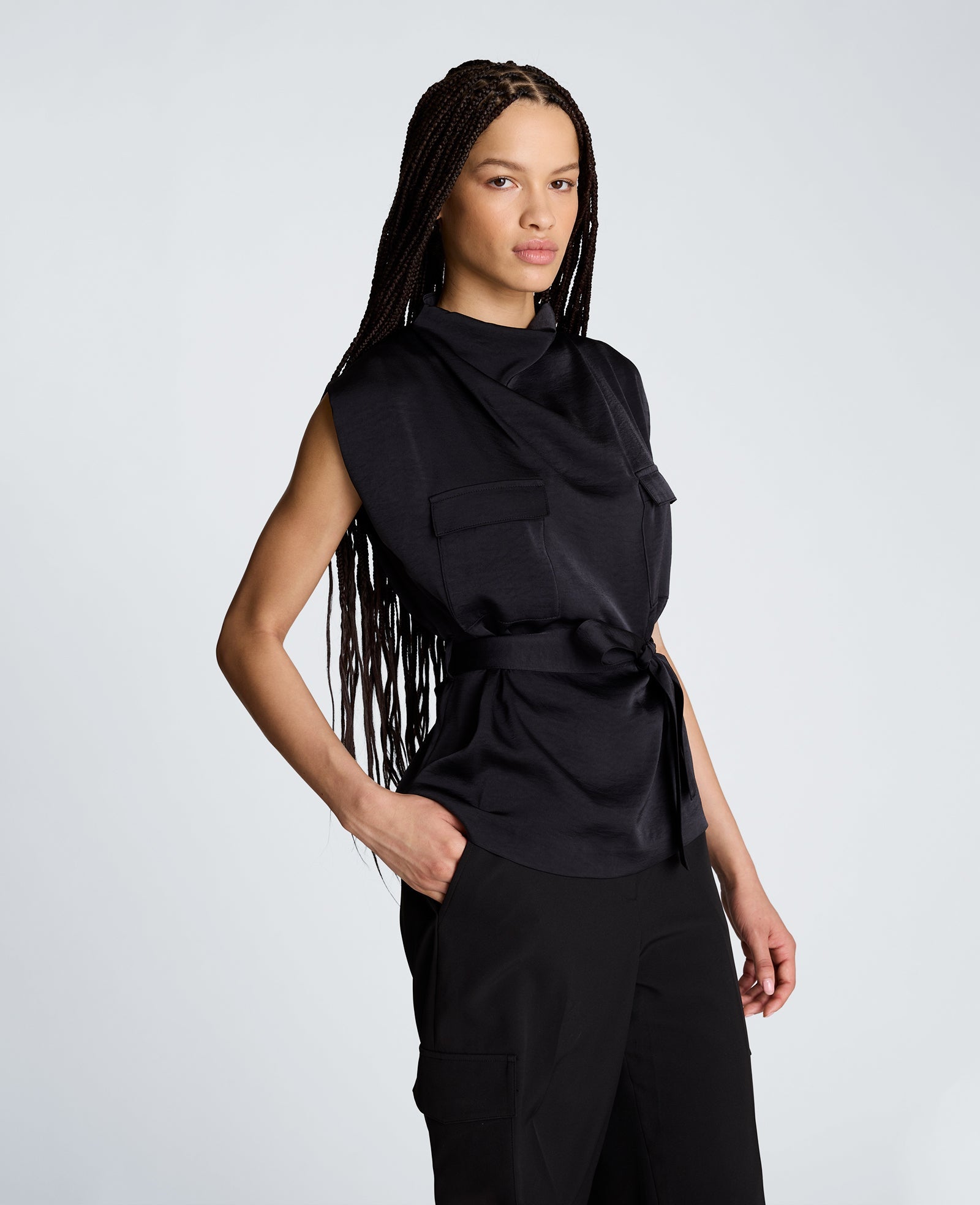 High Cowl Neck Belted Blouse with Chest Pockets