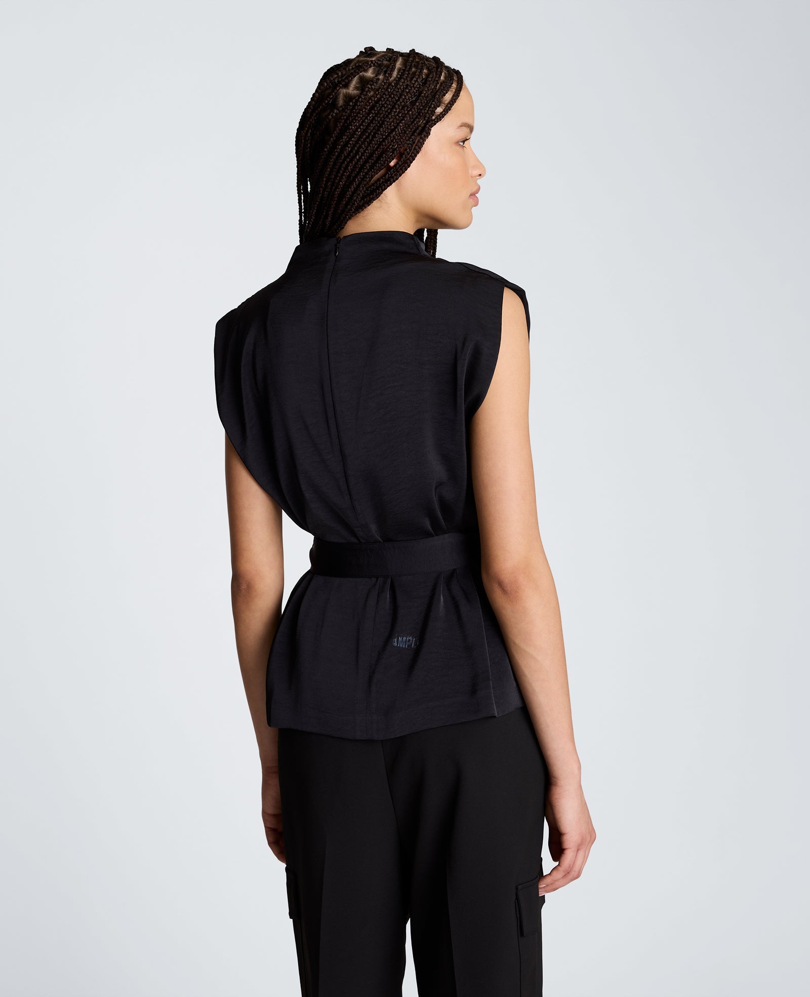 High Cowl Neck Belted Blouse with Chest Pockets